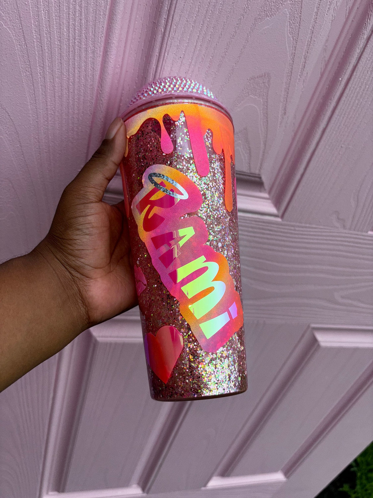 Personalized Glitter Drip Tumbler: Cartoon Theme, Custom Name