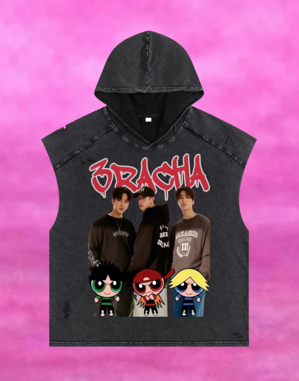 Stray Kids "3RACHA" Inspired Sleeveless Hooded Vintage Wash Tee